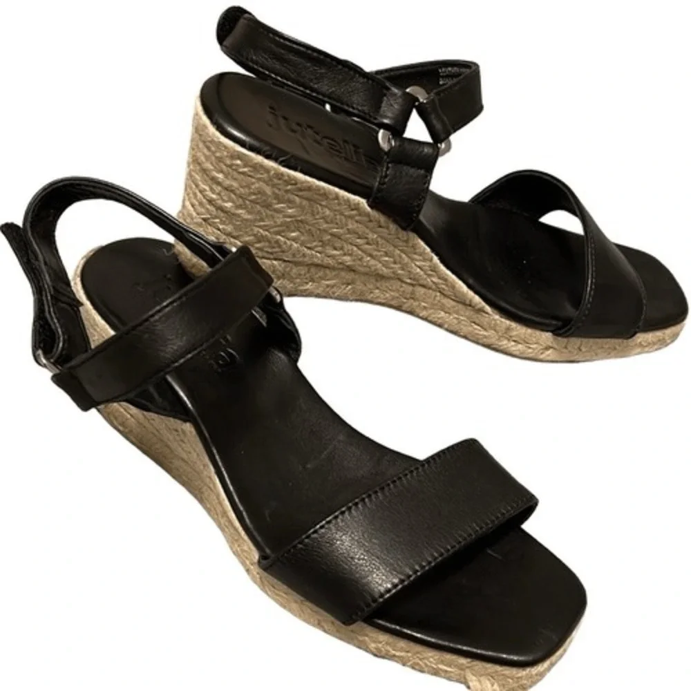 Jutelia Espadrille Wedge Sandals Womens 38 Black Leather Spain Boho Summer‎ Chic